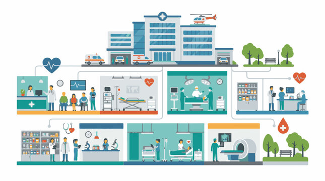 Illustrated hospital complex with diverse medical departments and services