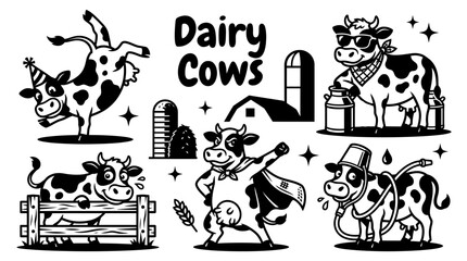 healthy dairy cows grazing across a green cattle farm with wooden fences open pasture red barn feeding area agricultural landscape and livestock breeding environment for commercial vector illustration © samira