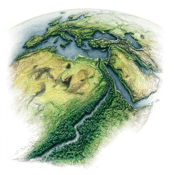 Detailed 3D Relief Map Illustration of Planet Earth Focusing on Europe Middle East and North Africa with a Lush Green Forested River Valley Cutting Through the Desert Terrain Symbolizing Environmental
