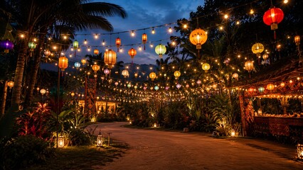 Naklejka premium Enchanting tropical night garden with glowing paper lanterns, festive string lights over outdoor pathway, magical evening celebration atmosphere