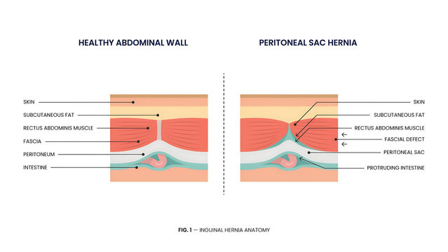 Medical illustration comparing a healthy abdominal wall and a peritoneal hernia