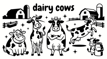 healthy dairy cows grazing across a green cattle farm with wooden fences open pasture red barn feeding area agricultural landscape and livestock breeding environment for commercial vector illustration © samira