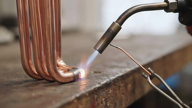 Industrial worker brazing copper tubes with a gas torch in a workshop