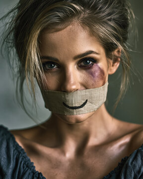 Domestic Violence Awareness Portrait with Tape Smile and Bruised Eye AI Generative