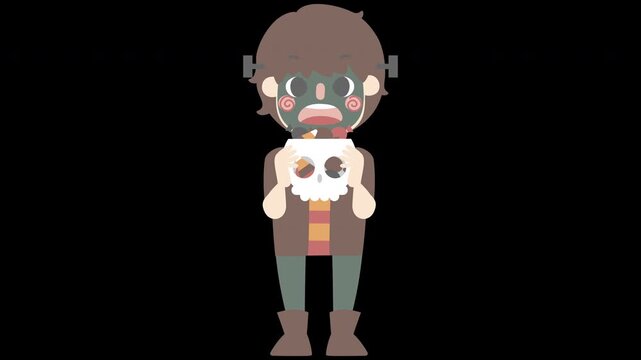 	animated video happy halloween holiday festival with boy wearing frankenstein costume holding skull, overlay transparent prores 4444 4K