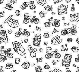 Fototapeta premium Delivery service and food ordering seamless pattern, bicycles, packages, and mobile app icons, in a clean black outline style