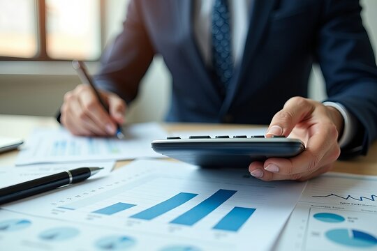Businessman in office examining energy efficiency rate with a calculator in close-up shot.