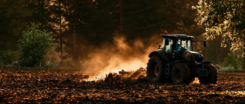 Tractor Plowing Field at Sunset &ndash; AI Generative