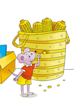 Anthropomorphic Little Mouse Pointing to a Hole on a Corn Bucket Full of Corn Cobs
