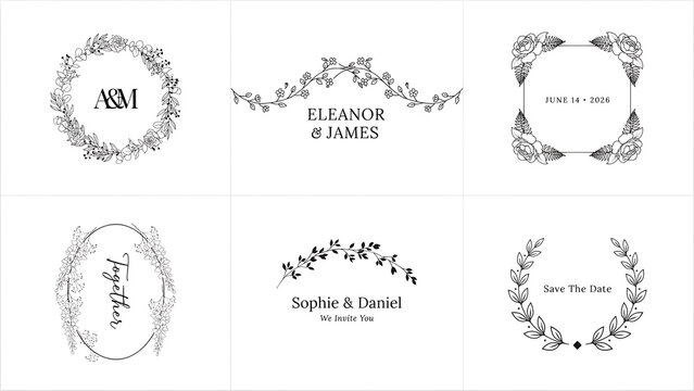 Collection of elegant floral wedding invitation wreath frames with black and whi
