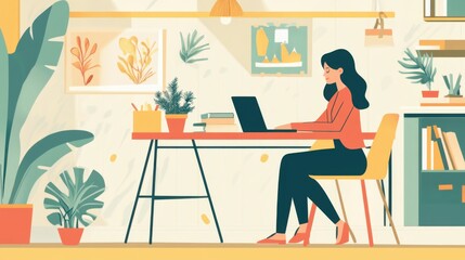 Fototapeta premium Woman working on laptop at home office with plants and cozy atmosphere