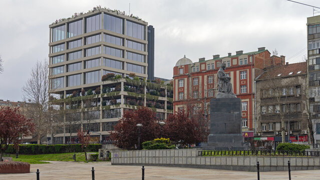 Modern Office Building Revolucija and Monument to Vuk Karadzic in Belgrade Serbia