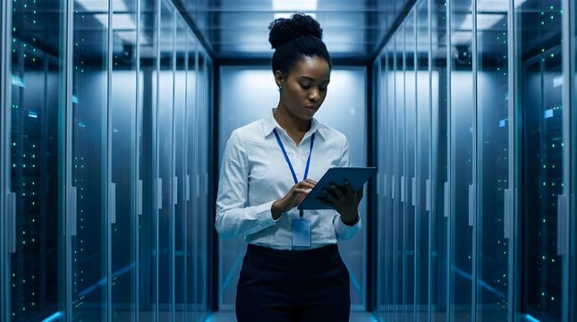 Professional woman standing in a modern server room holding a digital tablet while checking network data systems with focus and concentration in a bright office