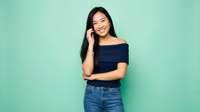 Portrait of a beautiful young asian woman with long straight black hair smiling brightly while wearing a casual navy off shoulder top against mint green background