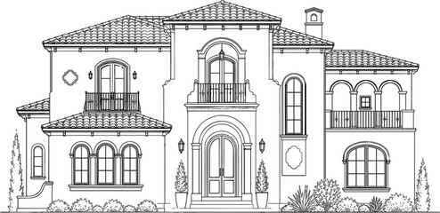 Obraz premium Villa vector illustration for real estate poster with luxury house facade balcony and clean outline style