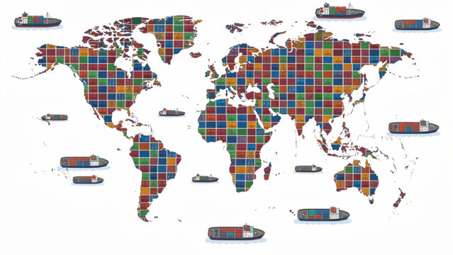Global map made of colored blocks with cargo ships navigating across continents representing international trade and shipping routes