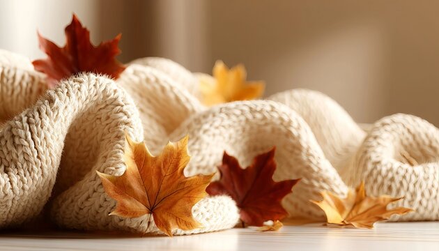 Cozy autumn aesthetic with knitted wool texture background decorated with fallen golden leaves.