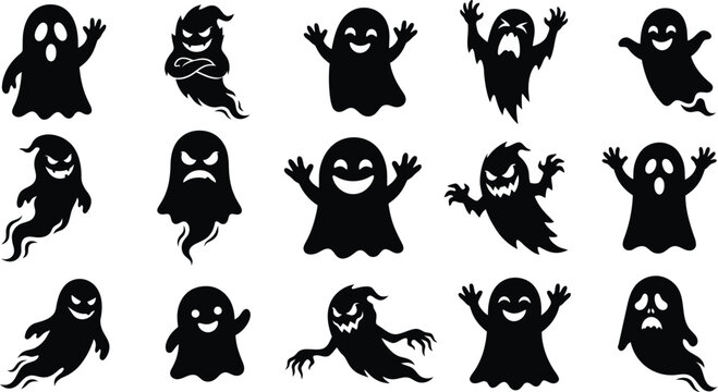 Collection of black ghost silhouettes against a white background ghosts apparition specter phantom wraith spirit haunted halloween october spooky