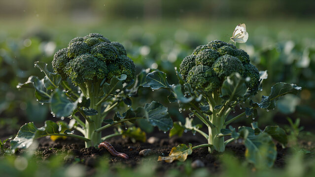 Fresh green broccoli heads growing in a sunny garden field with a butterfly