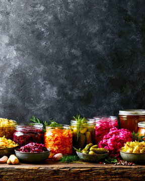 Assorted Fermented Vegetables and Pickled Foods in Glass Jars. AI generative.