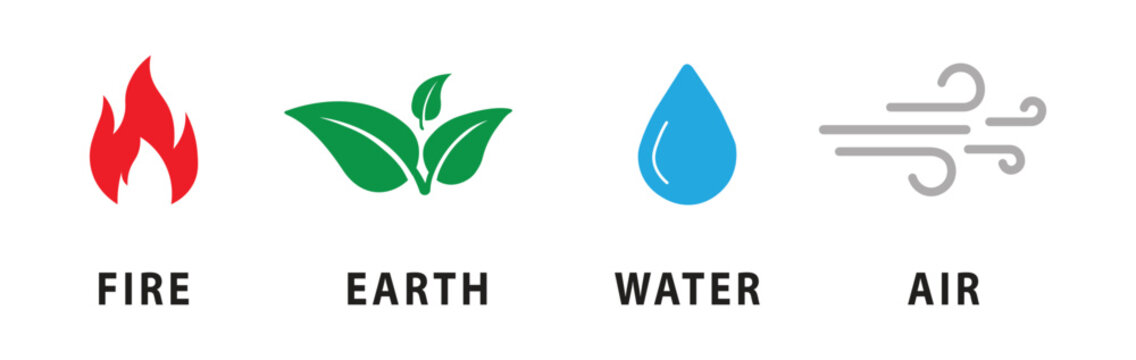 Four Classical Elements Icons Set Vector Illustration, Minimalist Fire Earth Water and Air Symbols, Modern Flat Nature and Energy Logo Collection for Infographics and Educational Design.