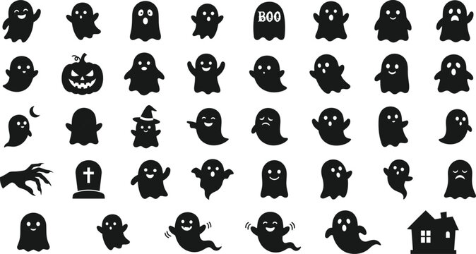 Collection Of Ghost Silhouettes On A White Background apparition phantasm specter wraith spirit ethereal halloween october spooky creepy eerie