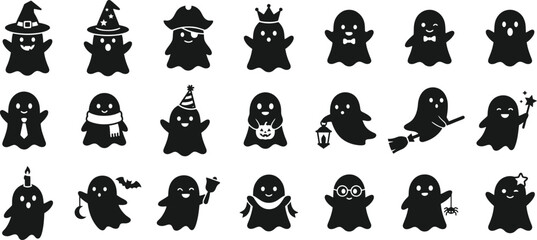 Fototapeta premium Ghost silhouettes with various costumes and props on a white background apparition phantom specter wraith spirit shade figure form