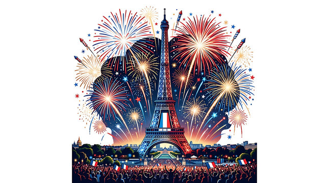 A digital nighttime illustration of the Eiffel Tower adorned with blue, white, and red colors of the French flag, 32K Resolution