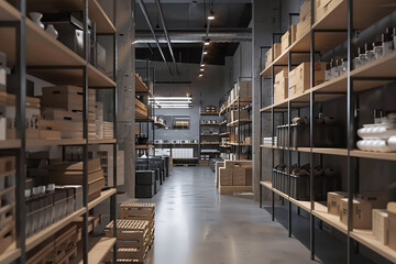 Obraz premium Wide warehouse hall with tall metal shelving and stacked pallets at center. Sharp storage interior suits distribution websites, inventory graphics and logistics branding.