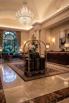 Luxury Hotel Luggage Cart with Suitcases in Elegant Resort Lobby