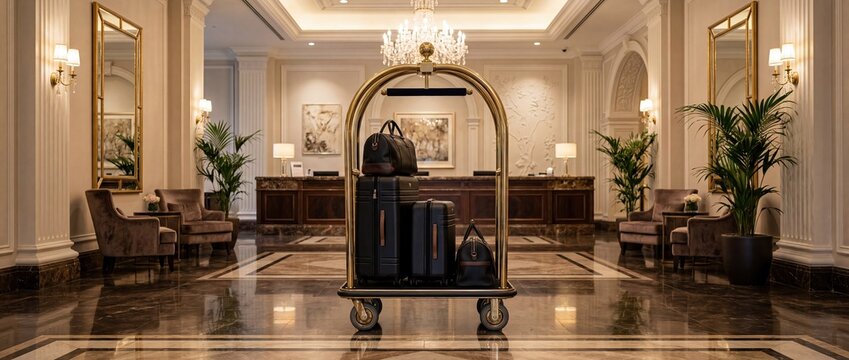 Luxury Hotel Luggage Cart with Suitcases in Elegant Resort Lobby