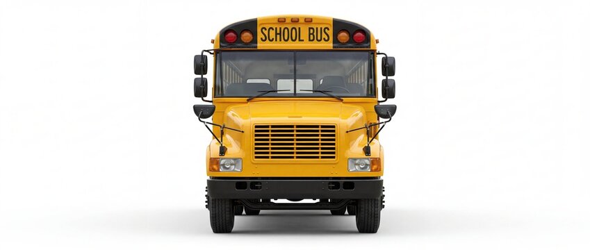 Front View of Classic Yellow School Bus Isolated on White Background
