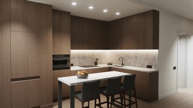 Modern Kitchen Interior Design with Dark Wood Cabinets and Bar Counter