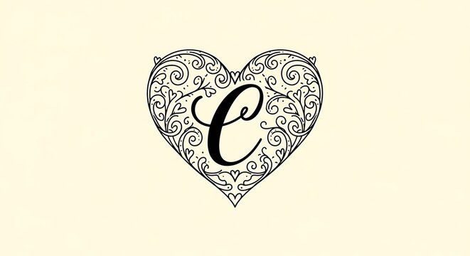 Intricate Hand-Drawn Heart Flourish: A Delicate Monogram Letter "C" Artwork