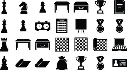 Chess equipment and tournament gear black icon vector set with chessboard, pieces, clock, table, trophy, medal, and score sheet silhouettes  © Nurjahan