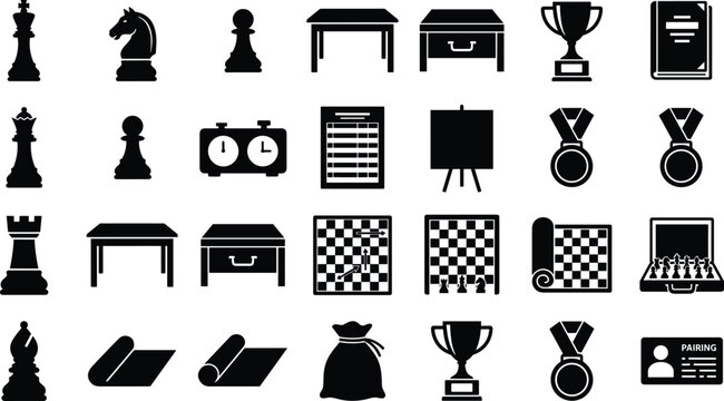 Chess equipment and tournament gear black icon vector set with chessboard, pieces, clock, table, trophy, medal, and score sheet silhouettes 