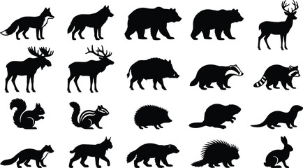 Obraz premium Forest animals black silhouette vector set with fox, wolf, bear, deer, moose, elk, wild boar, badger, and raccoon silhouettes