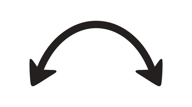 Hand drawn black arrow curved arching downwards with sharp points on a plain white background