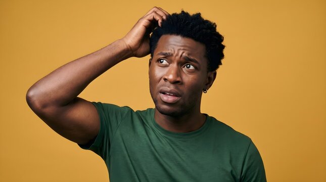 Confused young man wearing a green t-shirt looking upward and scratching his head while posing against a solid yellow background in a studio portrait shot