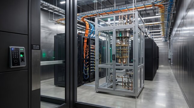 Advanced quantum computer dilution refrigerator inside glass case within secure laboratory server room symbolizing next generation computing power