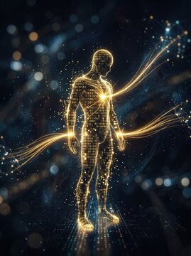Abstract digital illustration of glowing golden human body silhouette made of binary code with energy streams flowing outward on dark blue bokeh background, representing data biometric concept.