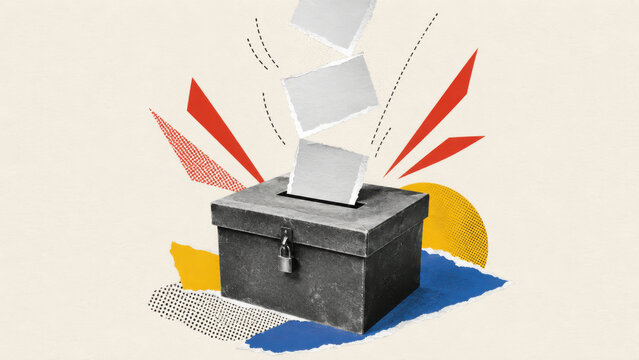 Democratic election voting paper collage featuring blank paper ballot slips falling into a black locked ballot box container