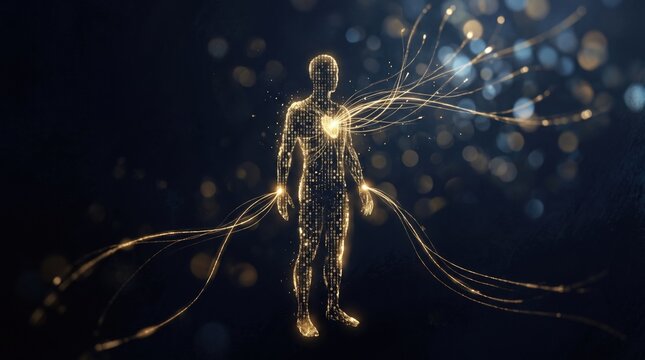 Abstract digital illustration of glowing golden human body silhouette made of binary code with energy streams flowing outward on dark blue bokeh background, representing data biometric concept.