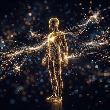 Abstract digital illustration of glowing golden human body silhouette made of binary code with energy streams flowing outward on dark blue bokeh background, representing data biometric concept.