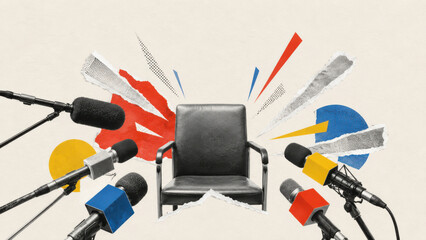 Fototapeta premium Press microphones facing an empty chair in political collage showing public accountability, media attention and leadership vacancy