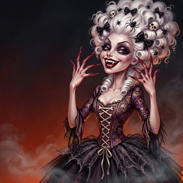 Digital art illustration of laughing gothic vampire woman with white powdered wig adorned with spiders, skulls and black bows, wearing purple corset dress with bone lacing and spiderweb skirt.