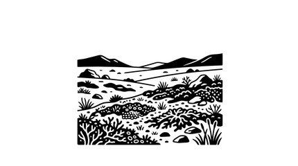 Obraz premium Stylized Desert Landscape Illustration with Mountains and Arid Vegetation