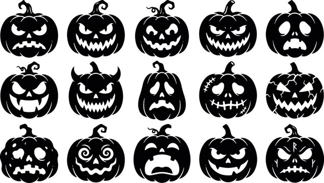 Black silhouette jack o' lantern collection for halloween designs and decorations