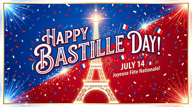  Eiffel Tower glowing with confetti and fireworks, "HAPPY BASTILLE DAY!" in large white outline font with "Joyeuse F&ecirc;te Nationale!", 8k image