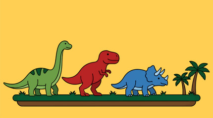 Flat Vector Illustration of Three Dinosaurs - Green Brontosaurus, Red Tyrannosaurus Rex, and Blue Triceratops - Walking on Green Grass with Palm Trees, Yellow Background, Simple Cartoon Style © Fannyy